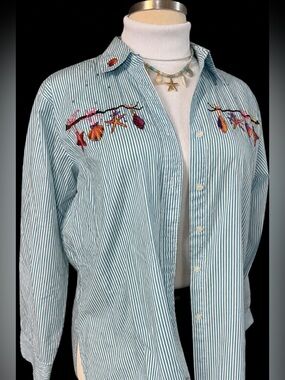 Vintage Quacker Factory Sea Blue & White Striped Embroidered Beach Button Down